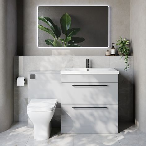 Napoli 460 Gloss Grey Pearl 1300mm 2 Drawer Vanity Unit Toilet Suite with Glide Basin - 1300mm - Matt Black 480mm HandleWith Kingston Toilet Pan and Seat