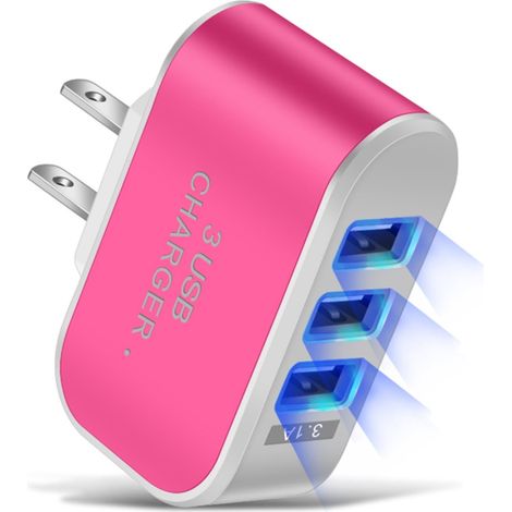 Adaptateur Secteur USB 3 Ports - 5 V 3,1 A - Prise US - Pour Chargeur Murale Maison Voyage - Rose Fuchsia - 1 Pièce (1/5)