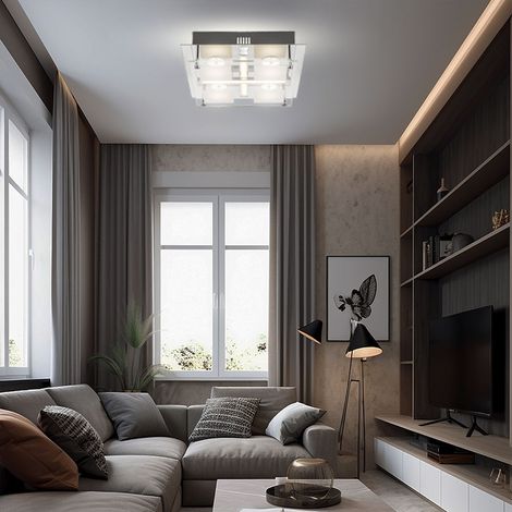 Plafonnier LED 4 spots plafonnier salon moderne, verre chromé, LED 18W 1260Lm blanc chaud, LxPxH 24x24x7 cm