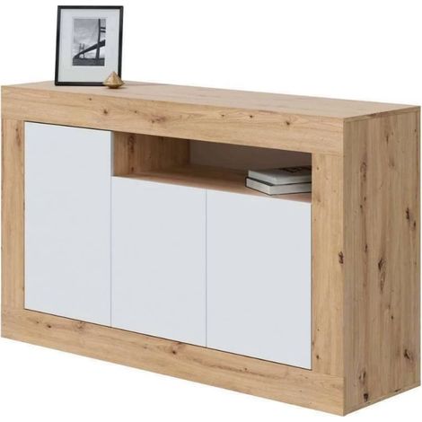 FRS – Buffet 3 portes 1 compartiment de rangement L144 cm – Panneaux mélaminés décor chêne nodi et blanc – Charnières métalliques – 2 tablettes intérieures (1/5)