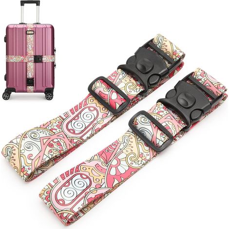 Sangle de Bagage - Lot de 2 - Polyester - Réglable avec Boucle Verrouillable - Pour Valise de Voyage - Rose (1/5)