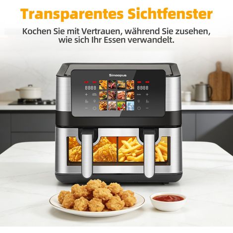 Friteuse à air chaud 8,5 L double ou simple compartiment, 12 programmes de cuisson, fenêtre de visualisation, écran tactile, 2 cuves, jusqu'à 200°C (1/5)