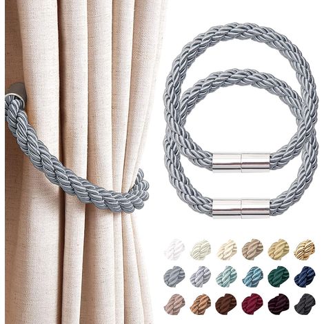 2er-Set magnetische Gardinenhalter, modernes und schlichtes Design – Praktische, dekorative Raffhalter aus geflochtenem Seil für dünne und dicke Gardinen, für Fenster in Wohn- und Büroräumen (Grau)