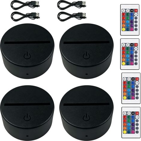 Lot de 4 socles LED 3D avec télécommande et câble USB - 16 couleurs réglables - Contrôle tactile - Veilleuse LED pour acrylique et plexiglas (1/5)
