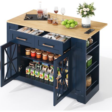 CHICFURN Isla de cocina móvil 120 cm azul de MDF con mesa abatible, tomas CA y USB (1/5)