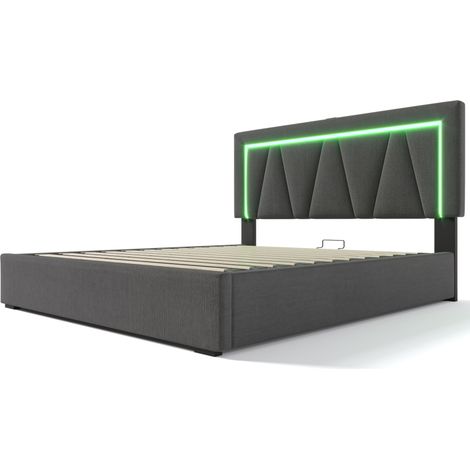 Lit double rembourré LED avec fonction de charge USB Type C et éclairage LED, lit de rangement en lin, lit ado 140x200 avec sommier à lattes (sans matelas) (1/5)