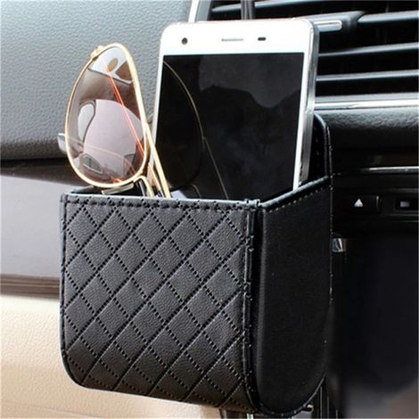 Organisateur de rangement pour grille d'aération de voiture : sac de rangement avec porte-lunettes de soleil, support de téléphone, porte-monnaie et porte-cartes avec crochet. (1/2)