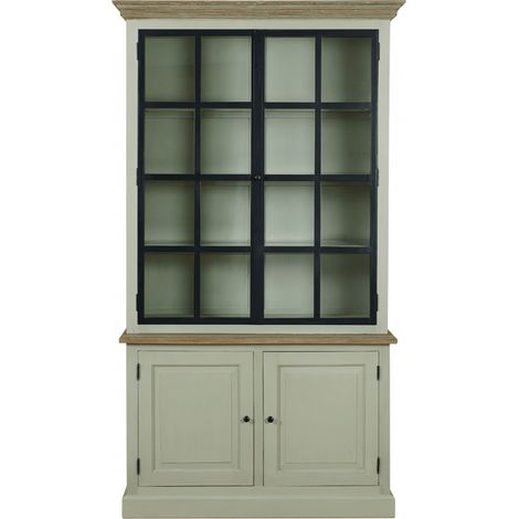Hellin – Buffet vaisselier 2 portes vitrées en bois massif – Éclairage LED intégré – Style campagne chic – Dimensions L 127 x P 45 x H 226 cm (1/5)
