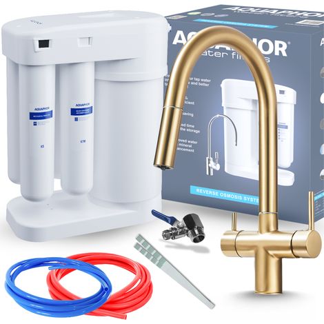 Conjunto de filtro de agua potable por ósmosis inversa Aquaphor Morion 101S + grifo de cocina delgado de tres vías - Oro cepillado (1/5)