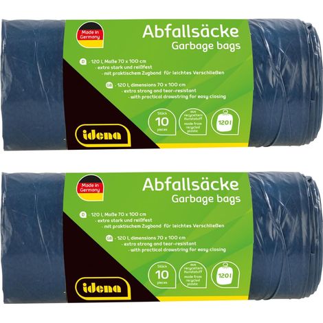 Set de sacs poubelle, 2 rouleaux de 10 pièces, bleu, 120 litres, 40µ extra fort et indéchirable, avec lien coulissant pratique, sacs à liens coulissants (1/5)