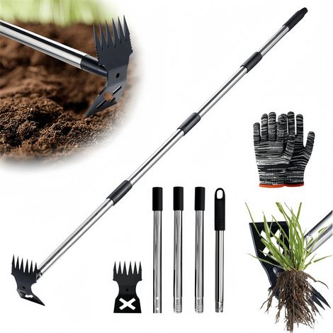 Désherbeur manuel 2 en 1 à long manche, râteau à main, houe de jardin, outil de désherbage manuel pour pelouse et jardin (1/5)