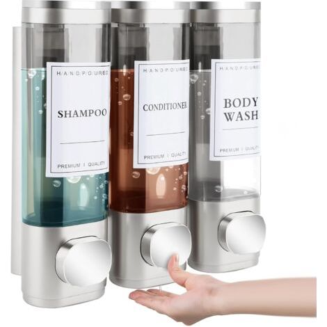 Lot de 3 distributeurs de savon, fixation murale, 300 ml, sans perçage, pour lavabo, salle de bain, gel douche, shampoing, lotion pour cuisine et salle de bain,argent (1/5)