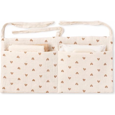Organisateur de lit bébé, Organiseur de lit, Sac de Rangement avec 2 Compartiments et Motif cœur en Mousseline de Coton (1/5)