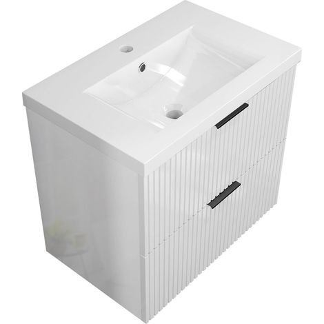 Acezanble Gloss White 600mm Wall Hung Bathroom Vanity Unit with Thick Ceramice Basin 2 Drawers