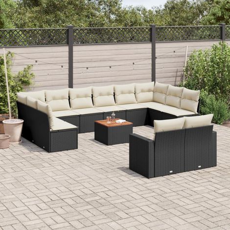 Canapé de Jardin en Résine Tressée Noir 13 pièces avec Coussins Crème et Table en Acacia (1/3)