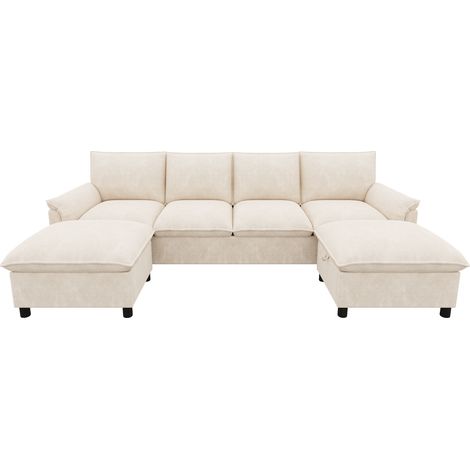 Modulares U-Sofa aus beigem Chenille mit 2 beweglichen Hockern, Deep-Seat, 264,5 x 142,5 x 84 cm (1/5)