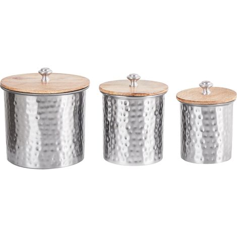 Lot de 3 Boîtes Déco Argentées en Aluminium avec Couvecles en Bois Idéales pour Cuisine ou Salle à Manger au Style Industriel et Moderne Beliani