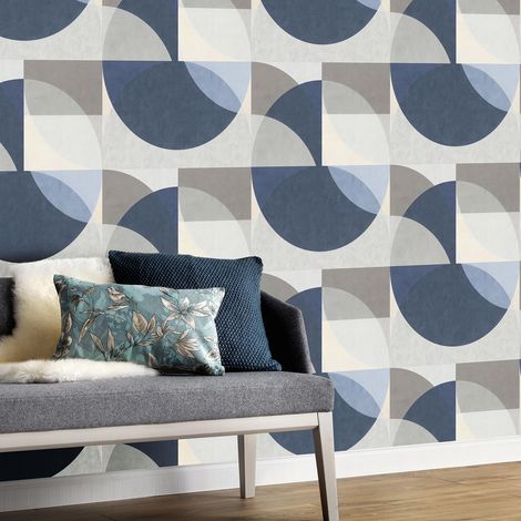 Papier peint moderne graphique gris & bleu | Tapisserie géométrique grise et bleu chambre | Papier peint intissé salon & couloir
