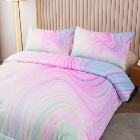 Parure de lit 2 pièces avec Couette en marbre coloré pour Fille Aquarelle Rose Pastel Bleu Violet Literie en marbre Vif pour Fille lit Simple (1/5)