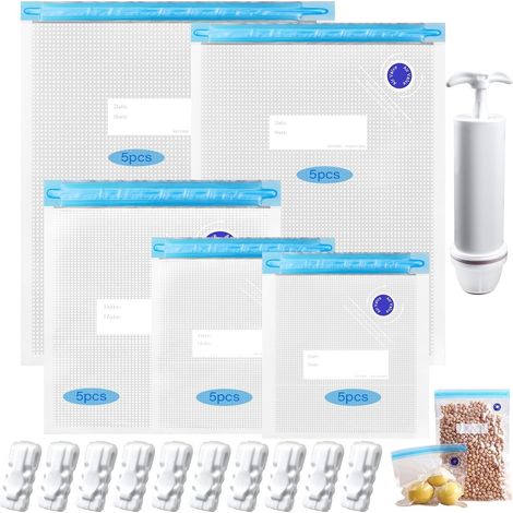 Lot de 25 sacs sous vide pour aliments - 5 tailles - Avec pompe manuelle et 10 clips de fermeture - Sacs scellés sous vide pour le stockage des aliments et la cuisson sous vide (1/5)