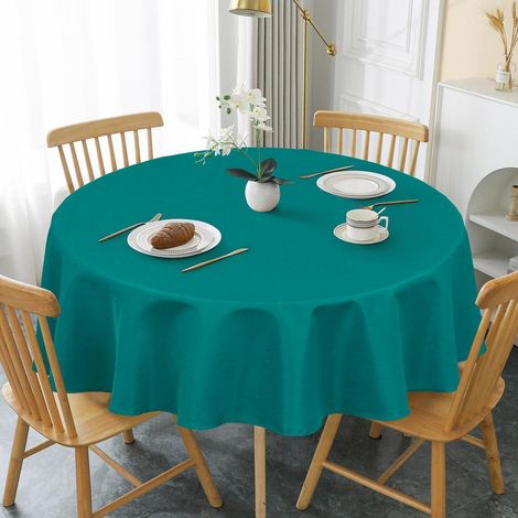 Nappe ronde 140cm bleu-vert aspect lin lavable imperméable résistant aux rayures