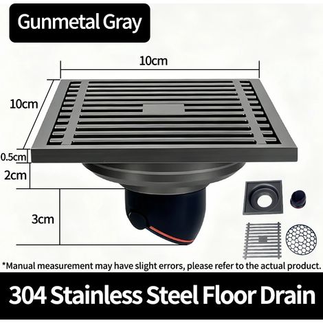 (Gunmetal gray)10x10cm Stainless Steel Square Floor Drain Grated Shower Waste Drainer Anti Odor Hair Strainer Bathroom Kitchen Wet Room Cover (1/4)