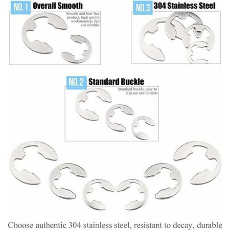 Circlips extérieurs inox - Unbrand - Acier inoxydable 304 - 200 pièces - Assortiment de tailles - Tailles: 1.5 à 10 mm (1/5)