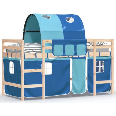 Lit mezzanine enfants avec tunnel bleu 90x190 bois pin massif (1/5)