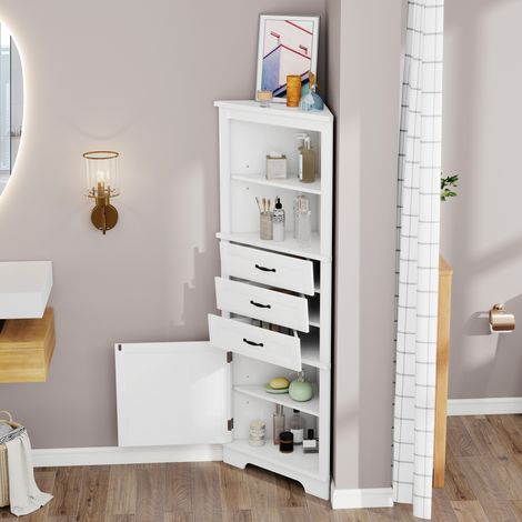 Meuble d'angle de 57,7 × 46 × 167,5 cm pour salle de bain, deux compartiments de rangement ouverts, trois tiroirs, un placard, étagères réglables, poignées noires, blanc. (1/5)