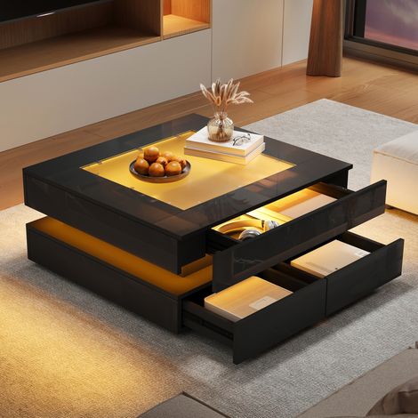 Mesa de centro de vidrio templado y tablero de partículas, 70 x 70 x 35 cm, negra, con LED y 3 cajones (1/5)