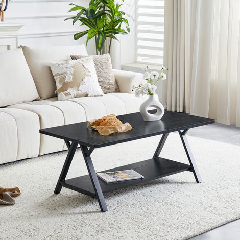 Tavolino industriale 110x57x44,5 cm con vano contenitore, struttura in metallo, MDF effetto legno nero. (1/5)