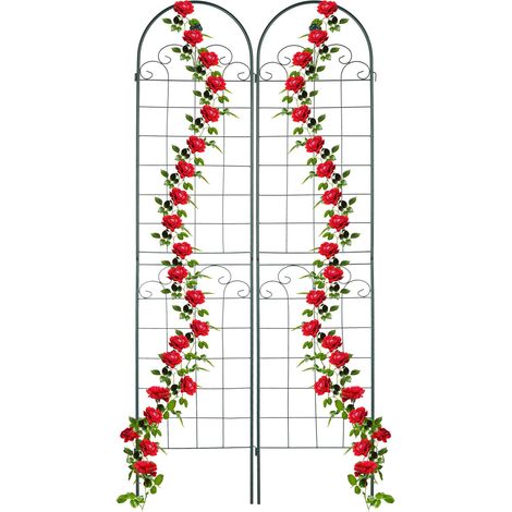 Relaxdays Garden Trellis, Set of 2, HxW 220 x 50 cm, Metal, Support for Climbing Plants, Ground Stake, Rose Frame, Green