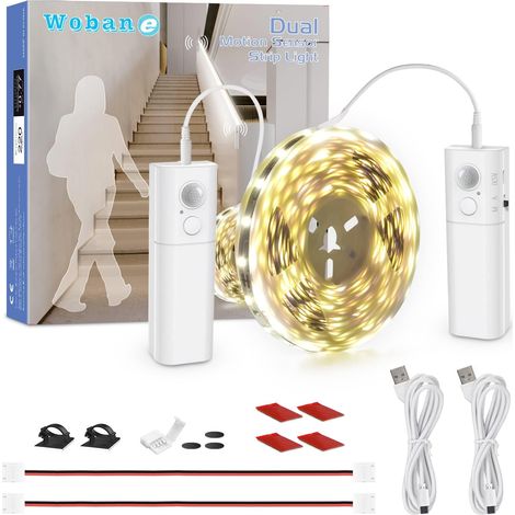 Ruban LED de 5 m avec détecteur de mouvement, éclairage d'escalier rechargeable avec 2 capteurs, bande LED alimentée par piles, éclairage LED pour cuisine, lit, garde-manger, couloir (1/5)