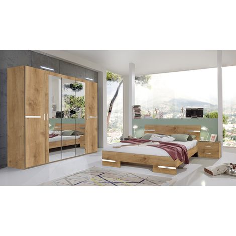Chambre à coucher complète adulte (lit 160x200 cm + 2 chevets + armoire) coloris imitation chêne poutre/chrome brillant -PEGANE-
