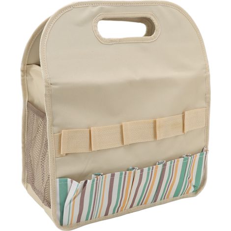Sac de rangement pour outils de jardin grande capacité, toile Oxford 600D avec planche PE, porte-outils pour jardiniers, beige à rayures colorées (1/5)