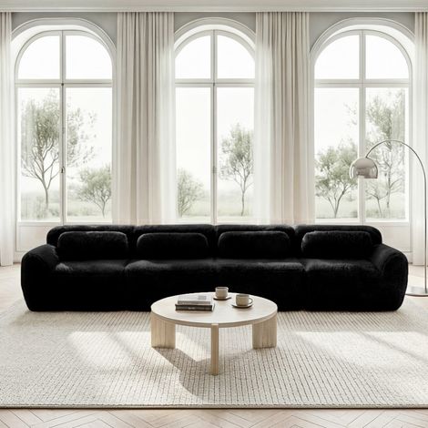 Divano modulare a 4 posti 378x104x73 cm - Divano profondo XL in tessuto peluche premium con cuscini - Nero
