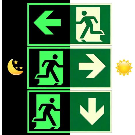 Panneaux Sortie de Secours Autoadhésifs 30x15cm, Photoluminescent PVC, Flèches Gauche Droite Bas, Signalétique Évacuation pour Bureau Hôtel École Entrepôt (1/5)