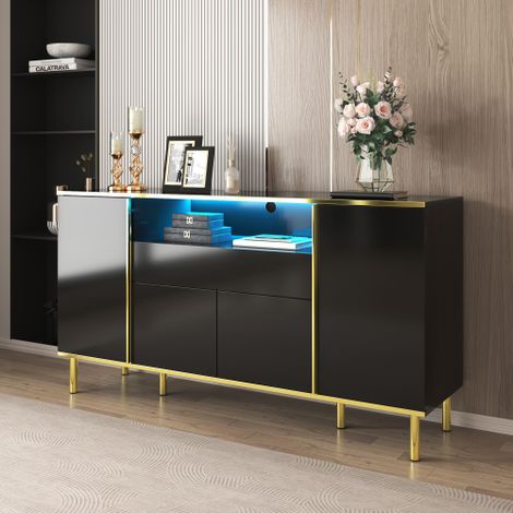 Buffet noir brillante - buffet avec 1 tiroir et 4 portes - 150x40x80 cm (1/5)
