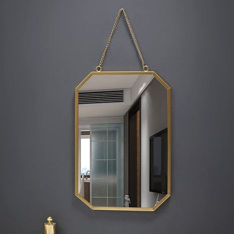 Miroir décoratif mural octogonal en métal avec chaîne - Miroir de maquillage pour salle de bain, salon et chambre à coucher (1/5)