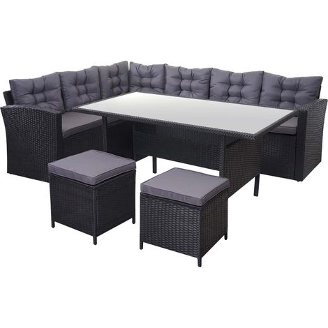 Ensemble complet de salon de jardin terrasse balcon véranda en polyrotin noir coussin gris foncé avec tabouret x2 040003055
