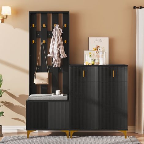 Mueble de entrada con perchero, zapatero y banco – 60,5 cm + 83 cm – Frentes ondulados con apertura por presión – Negro y dorado (1/5)
