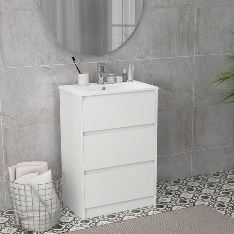 Meuble de salle de bain avec 2 tiroirs et vasque en céramique de synthèse 61 x 37 x 88 cm blanc brillant laqué