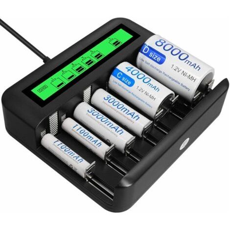 Universal-Schnellladegerät mit LED-Anzeige und USB-Anschluss für 8 Akkus (1/4)