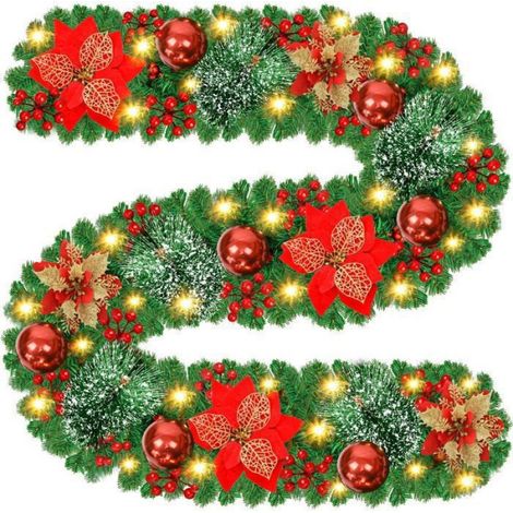 Guirlande de Noël 2,7 Mètres Avec Lumières - Couronne Artificielle Avec Boules, Fleurs et Baies Rouges (1/4)