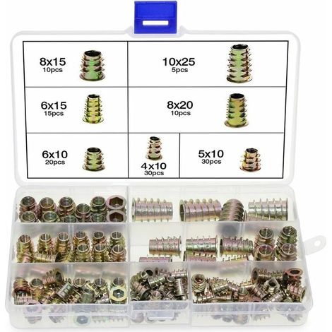 120 Stück Sechskantmuttern aus Zinklegierung M4, M5, M6, M8, M10 mit Gewindeeinsätzen für Holzmöbel, inklusive Kunststoffbox
