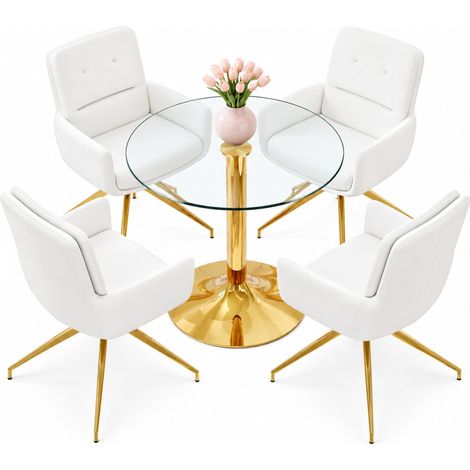 Tavolo rotondo 85 cm in vetro temperato con 4 sedie girevoli bianco e oro - CHICFURN (1/5)