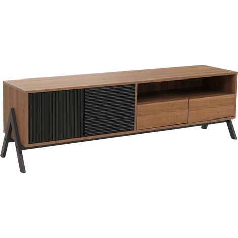 Meuble TV HWC-O40 meuble TV bas 2 tiroirs portes compartiments de rangement MDF métal mélamine 48x155x40cm - naturel (1/5)