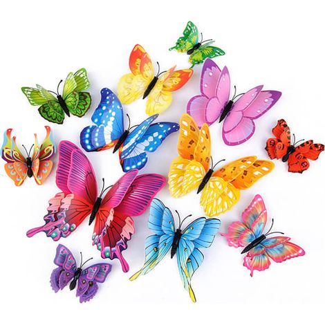Décoration murale papillons, lot de 12, autocollants papillons 3D, décorations de fête avec aimants (colorés, 12 pièces) (1/5)