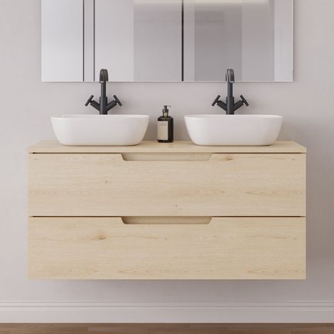 Meuble de salle de bain 120cm avec plateau et 2 vasques à poser arrondies - 2 tiroirs - sans miroir - roble calima (bois clair) - SONRIZA (1/5)