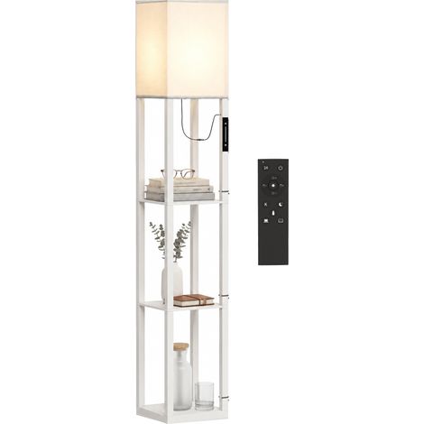 HOMCOM lámpara de pie con 3 estantes, luz LED regulable, brillo ajustable, control táctil y remoto, pantalla de tela, bombilla incluida, blanco (1/5)